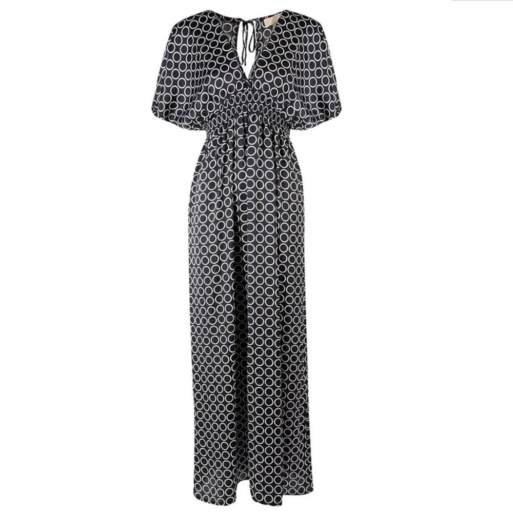 NWOT Michael Kors Sz XL Navy Blue Circle Print Pattern Empire Waist Maxi Dress